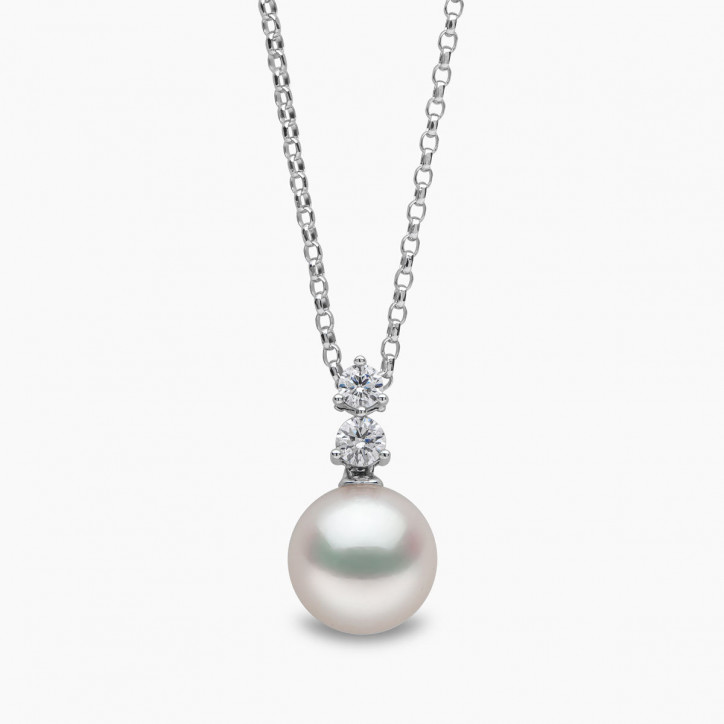 Diamond Classic 18K Gold Akoya Pearl Double Diamond Pendant