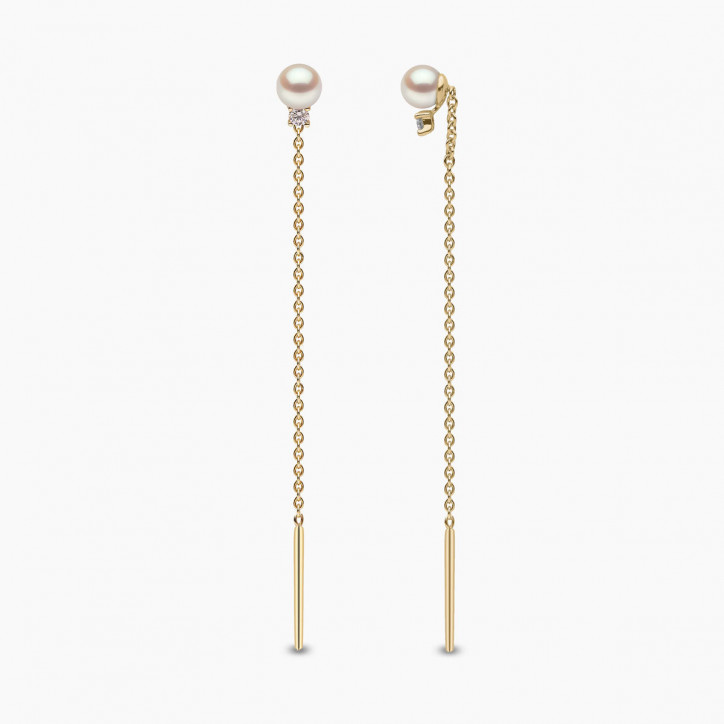 Trend 18K Gold Freshwater Pearl and Diamond Pull Through Chain Earrings