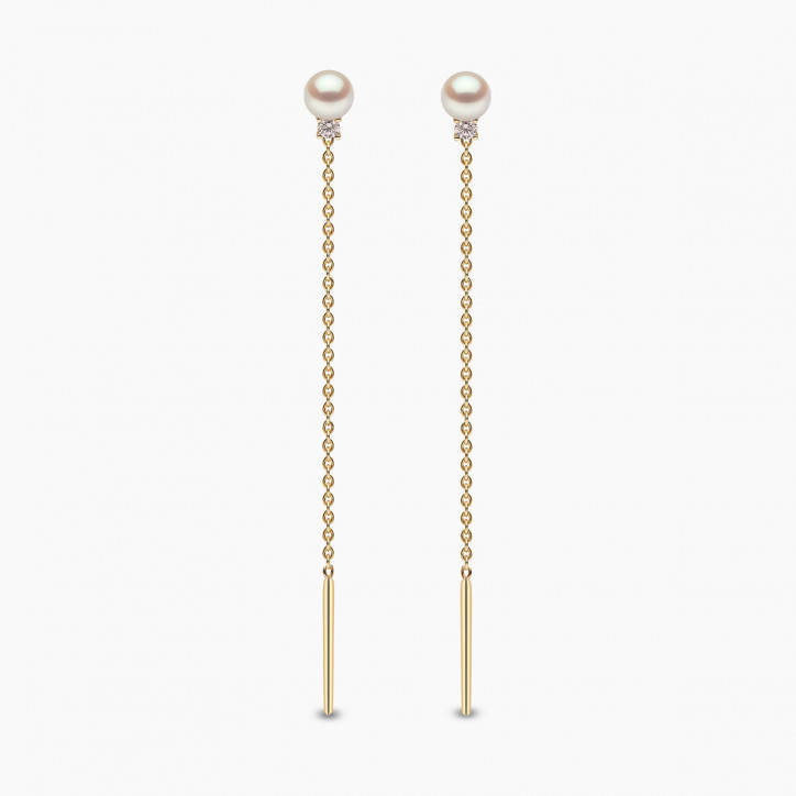 Trend 18K Gold Freshwater Pearl and Diamond Pull Through Chain Earrings