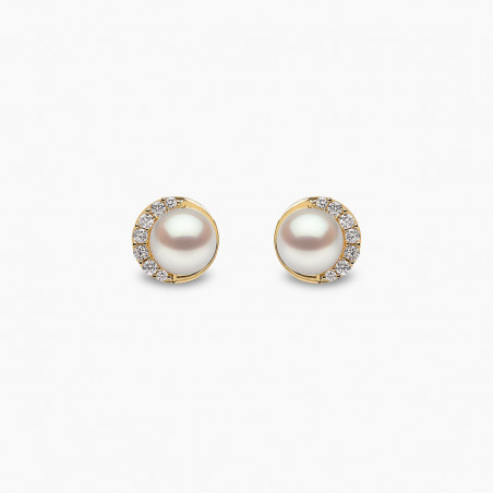 Trend 18K Gold Freshwater Pearl And Diamond Half Moon Stud Earrings