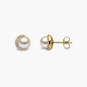 Trend 18K Gold Freshwater Pearl And Diamond Half Moon Stud Earrings