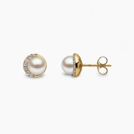 Trend 18K Gold Freshwater Pearl And Diamond Half Moon Stud Earrings