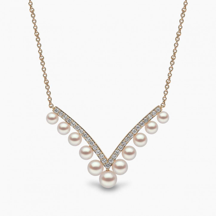 Sleek 18K Gold Pearl and Diamond V Necklace