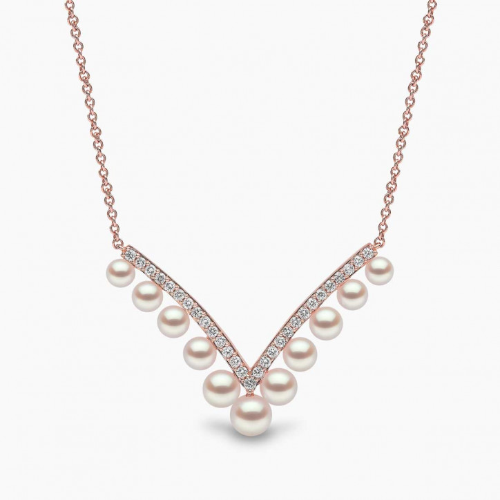 Sleek 18K Gold Pearl and Diamond V Necklace