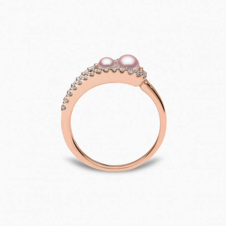 Sleek 18K Gold Double Pearl and Diamond Ring