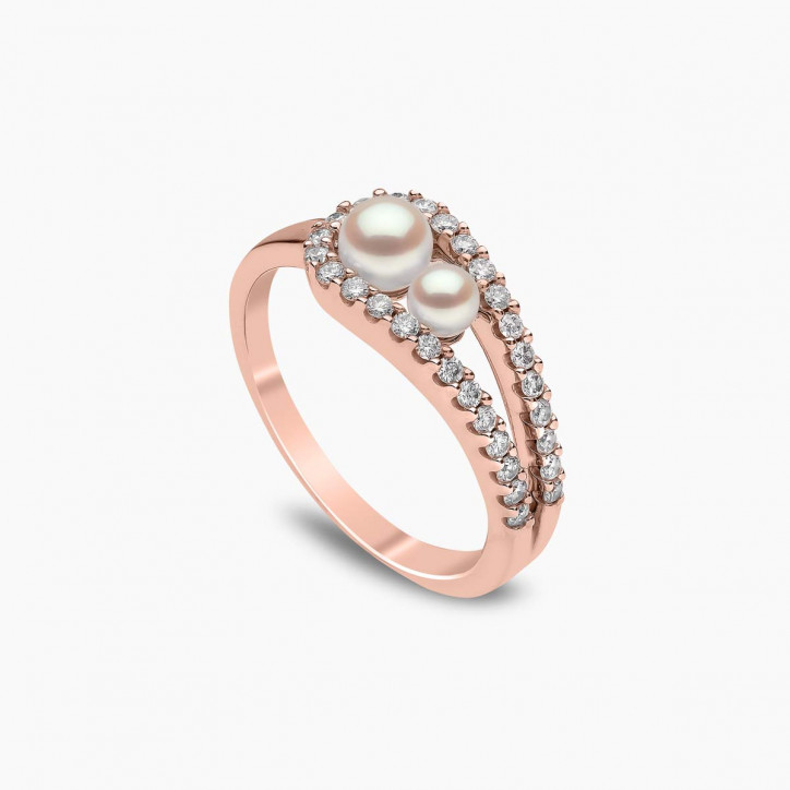 Sleek 18K Gold Double Pearl and Diamond Ring