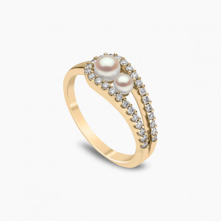 Sleek 18K Gold Double Pearl and Diamond Ring