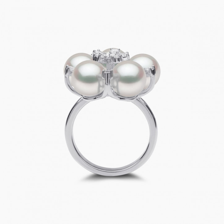 Raindrop 18K Gold Akoya Pearl and Diamond Motif Ring