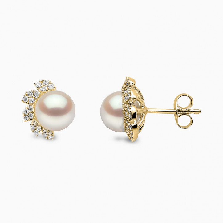 Trend 18K Gold Freshwater Pearl And Diamond Flutter Stud Earrings