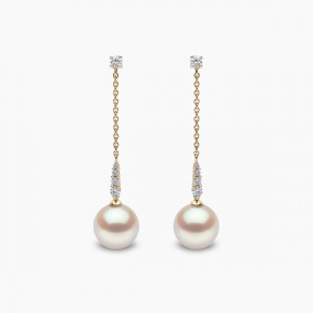 Trend 18K Gold Freshwater Pearl and Round Diamond Drop Chain Earrings