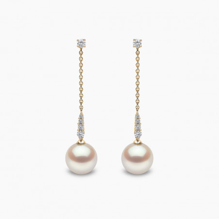 Trend 18K Gold Freshwater Pearl and Round Diamond Drop Chain Earrings