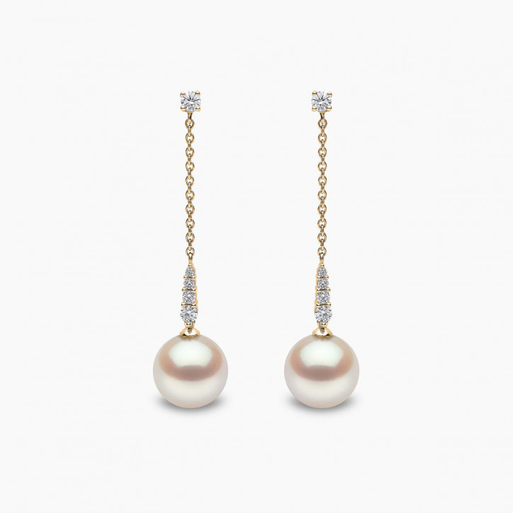 Trend 18K Gold Freshwater Pearl and Round Diamond Drop Chain Earrings