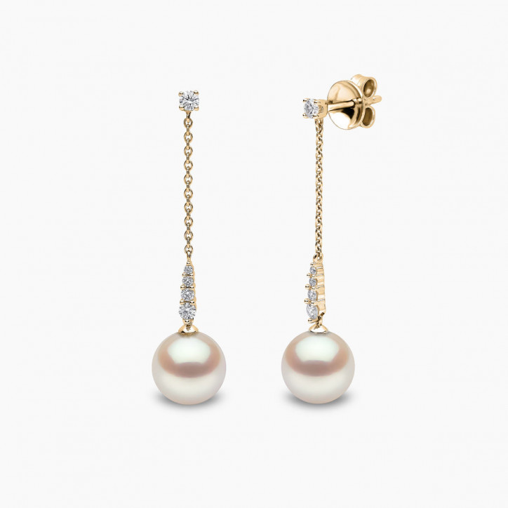 Trend 18K Gold Freshwater Pearl and Round Diamond Drop Chain Earrings