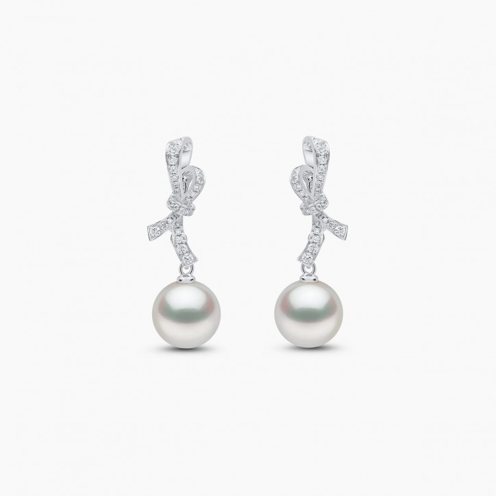 Jazz 18K Gold Pearl and Diamond Ribbon Earrings