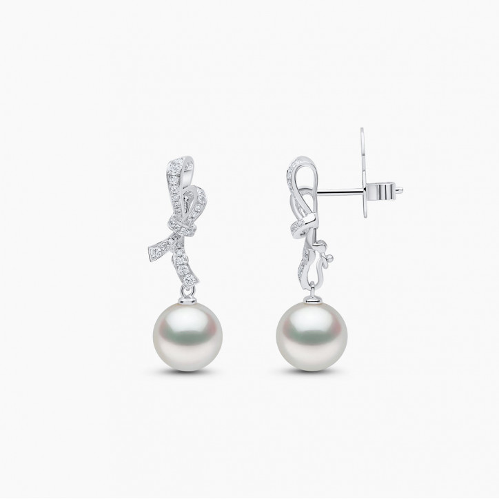 Jazz 18K Gold Pearl and Diamond Ribbon Earrings