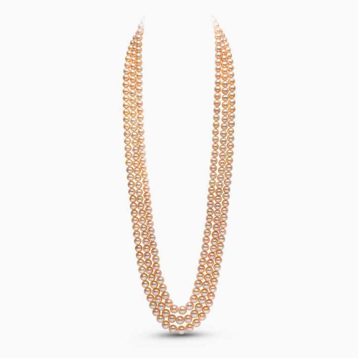 Classic 18K Gold Peach Freshwater Pearl Triple Row Necklace