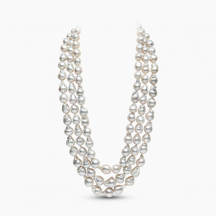 Classic 18K Gold Baroque White South Sea Pearl Triple Row Necklace