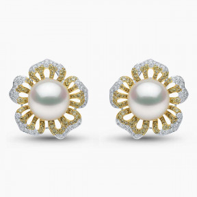 Sunrise 18K Gold Pearl and Diamond Floral Stud Earrings