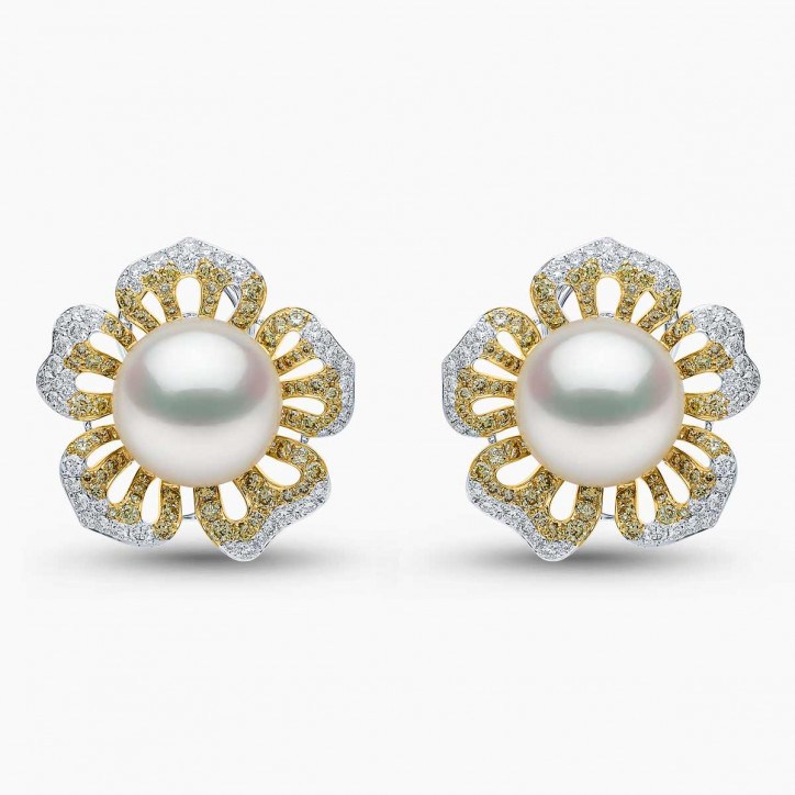 Sunrise 18K Gold Pearl and Diamond Floral Stud Earrings