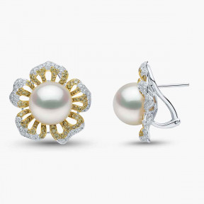 Sunrise 18K Gold Pearl and Diamond Floral Stud Earrings