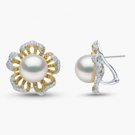 Sunrise 18K Gold Pearl and Diamond Floral Stud Earrings