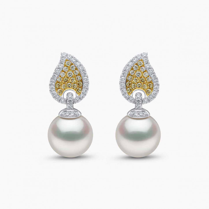 Sunrise 18K Gold Pearl and Diamond Teardrop Earrings