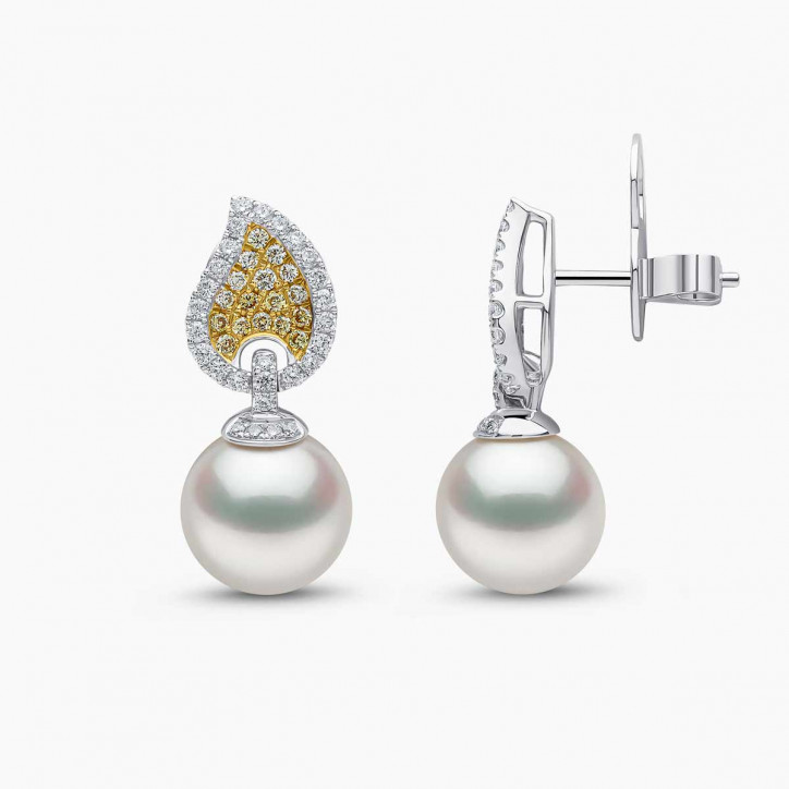 Sunrise 18K Gold Pearl and Diamond Teardrop Earrings