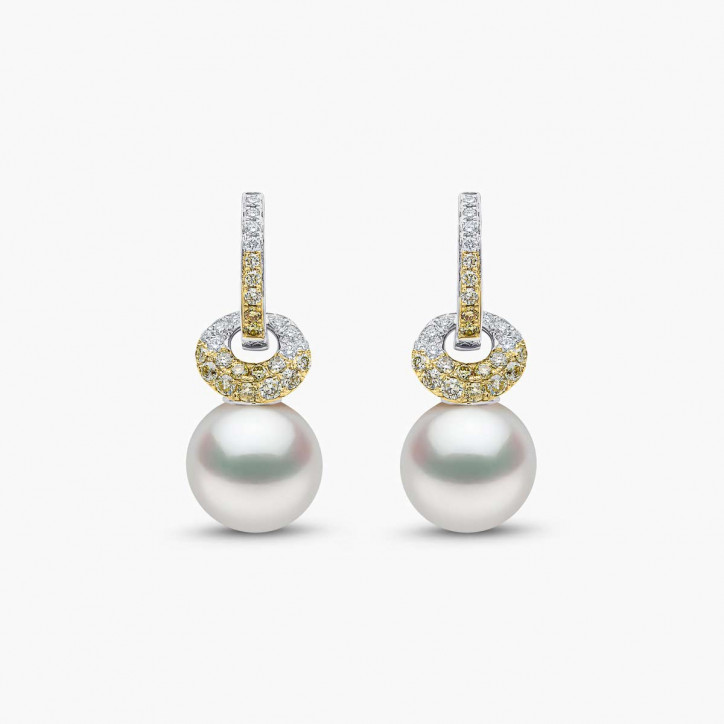 Sunrise 18K Gold Pearl and Diamond Hoop Drop Earrings