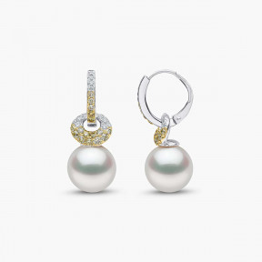 Sunrise 18K Gold Pearl and Diamond Hoop Drop Earrings