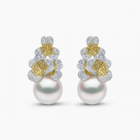 Sunrise 18K Gold Pearl and Diamond Floral Motif Earrings