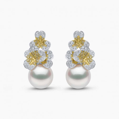 Sunrise 18K Gold Pearl and Diamond Floral Motif Earrings