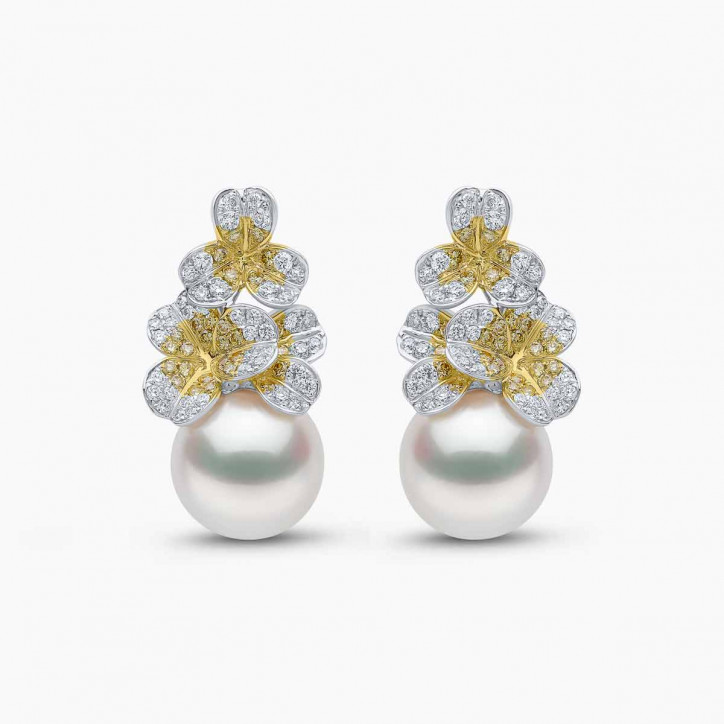 Sunrise 18K Gold Pearl and Diamond Floral Motif Earrings