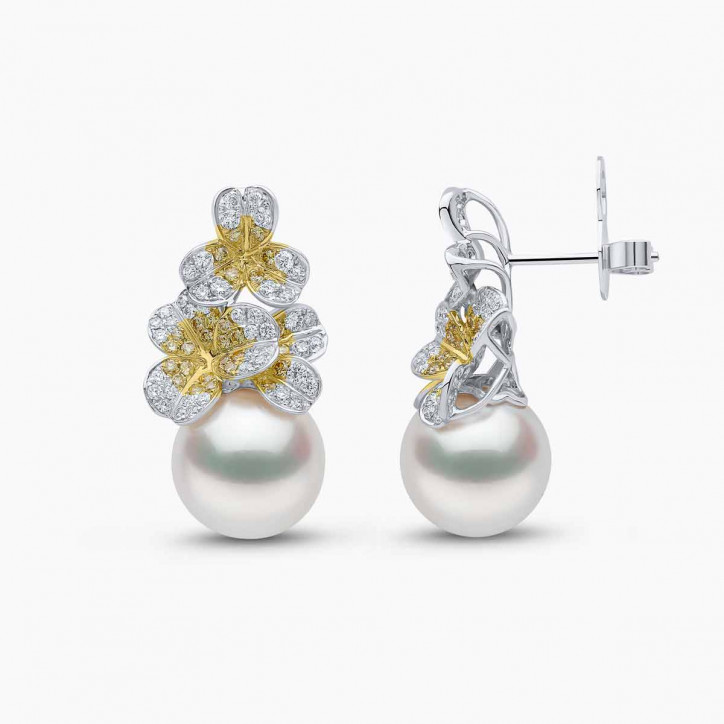 Sunrise 18K Gold Pearl and Diamond Floral Motif Earrings