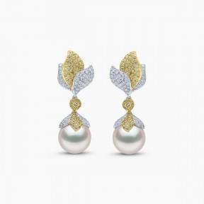 Sunrise 18k Gold South Sea Pearl Leaf Drop Diamond Earrings