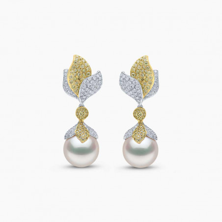 Sunrise 18k Gold South Sea Pearl Leaf Drop Diamond Earrings