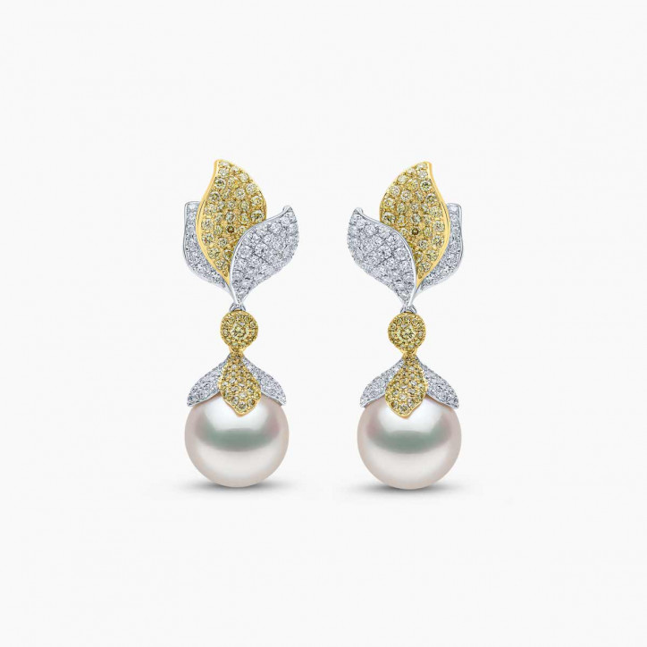 Sunrise 18k Gold South Sea Pearl Leaf Drop Diamond Earrings