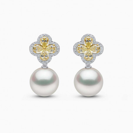 Sunrise 18k Gold South Sea Pearl Clover Motif Diamond Earrings