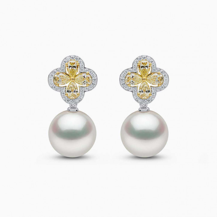 Sunrise 18k Gold South Sea Pearl Clover Motif Diamond Earrings