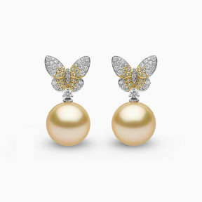 Sunrise 18k Gold South Sea Pearl Diamond Butterfly Stud Earrings