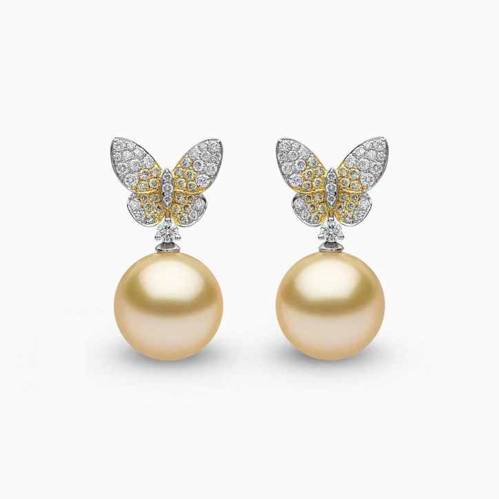 Sunrise 18k Gold South Sea Pearl Diamond Butterfly Stud Earrings