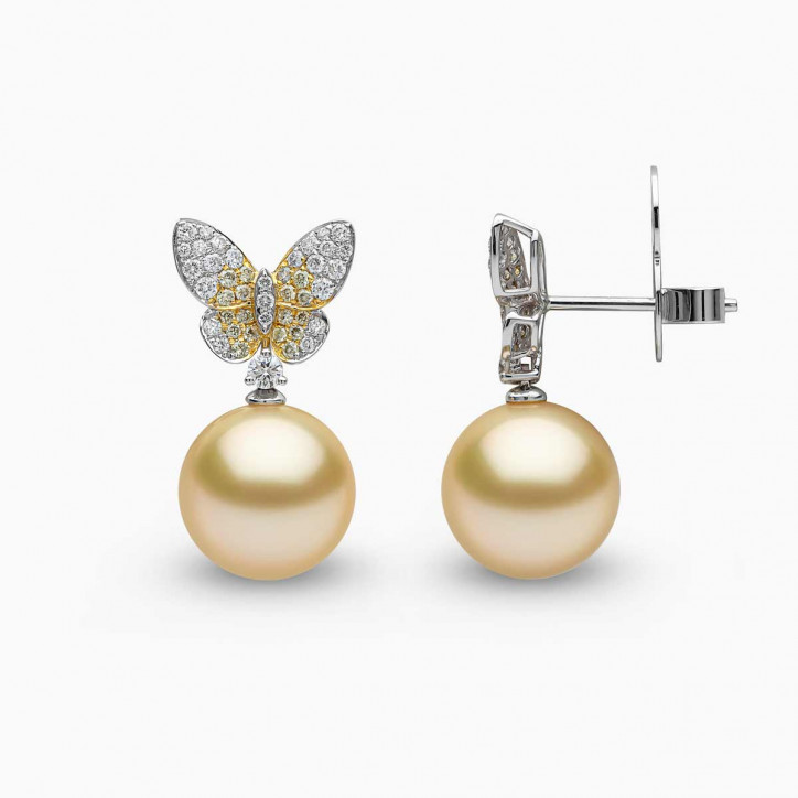 Sunrise 18k Gold South Sea Pearl Diamond Butterfly Stud Earrings