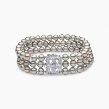 Classic 18K White Gold Grey Akoya Pearl and Diamond Clasp Bracelet