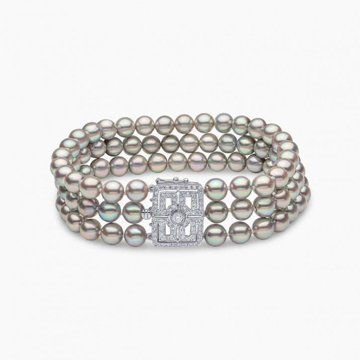 Classic 18K White Gold Grey Akoya Pearl and Diamond Clasp Bracelet