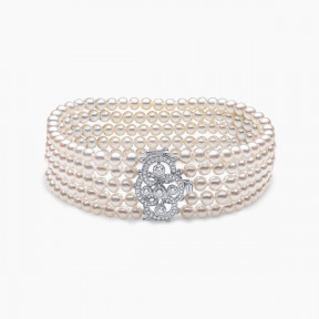 Classic 18K White Gold Pearl and Floral Diamond Clasp Bracelet