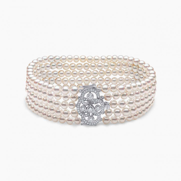 Classic 18K White Gold Pearl and Floral Diamond Clasp Bracelet