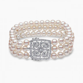 Classic 18K White Gold Pearl and Geometric Diamond Clasp Bracelet