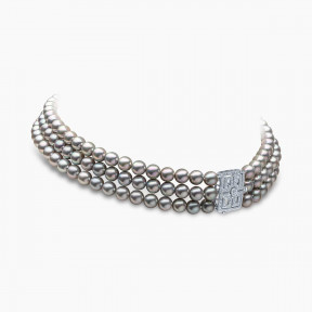 Classic 18K White Gold Grey Akoya Pearl and Diamond Clasp Choker