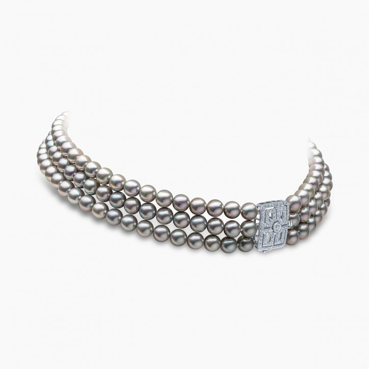 Classic 18K White Gold Grey Akoya Pearl and Diamond Clasp Choker