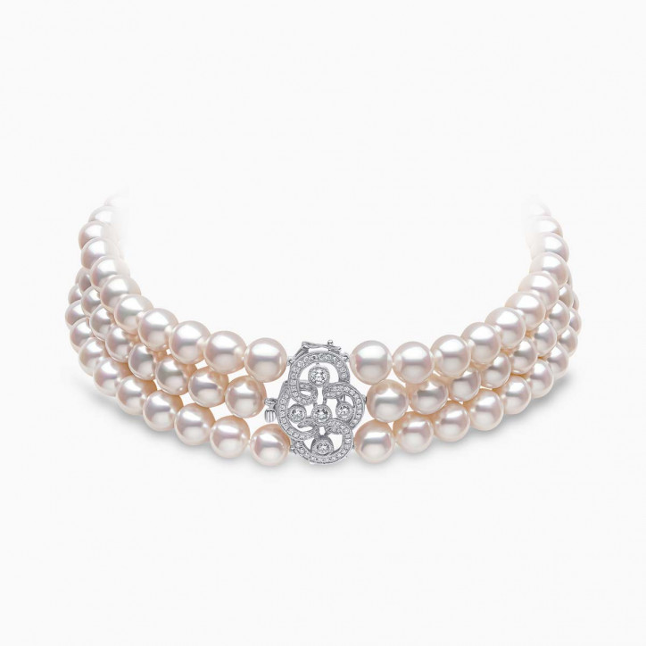 Classic 18K White Gold Pearl and Floral Diamond Clasp Choker