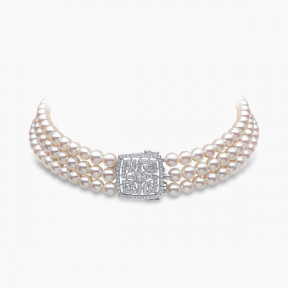 Classic 18K White Gold Pearl and Geometric Diamond Clasp Choker